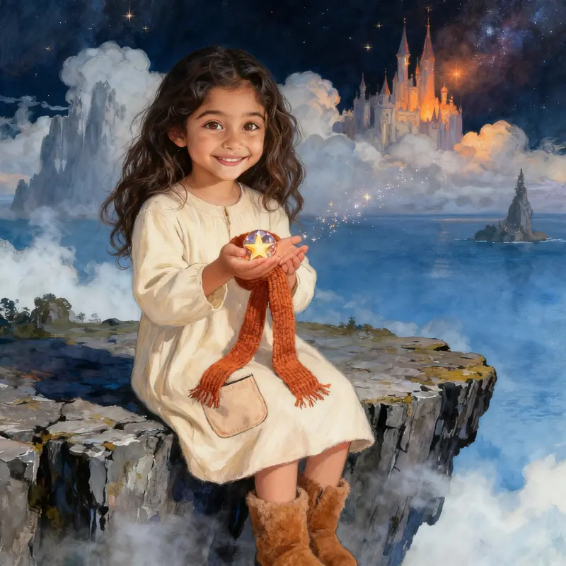 Mia illustrated as the hero of a Lumora storybook